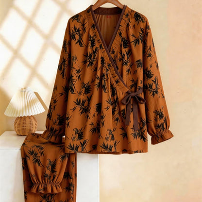 Ensemble pyjama à col volanté et motif de feuilles - caramel - XL - image 0