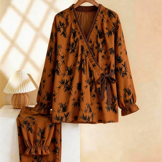 Ensemble pyjama à col volanté et motif de feuilles - caramel - XL - image 0
