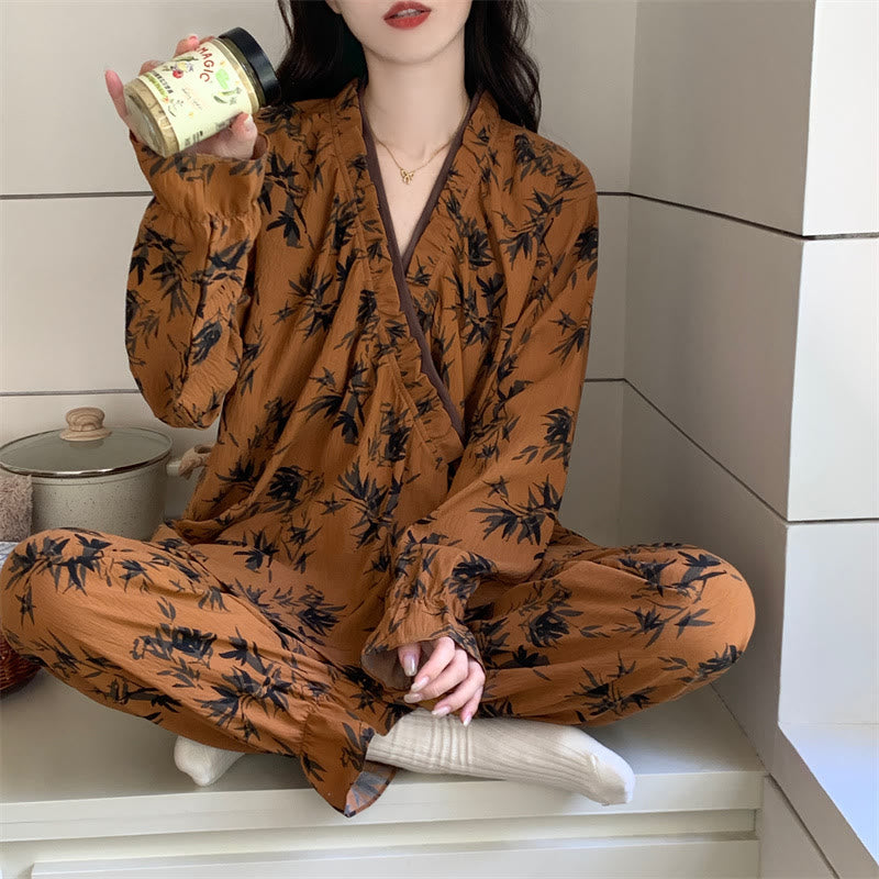Ensemble pyjama à col volanté et motif de feuilles - image 2