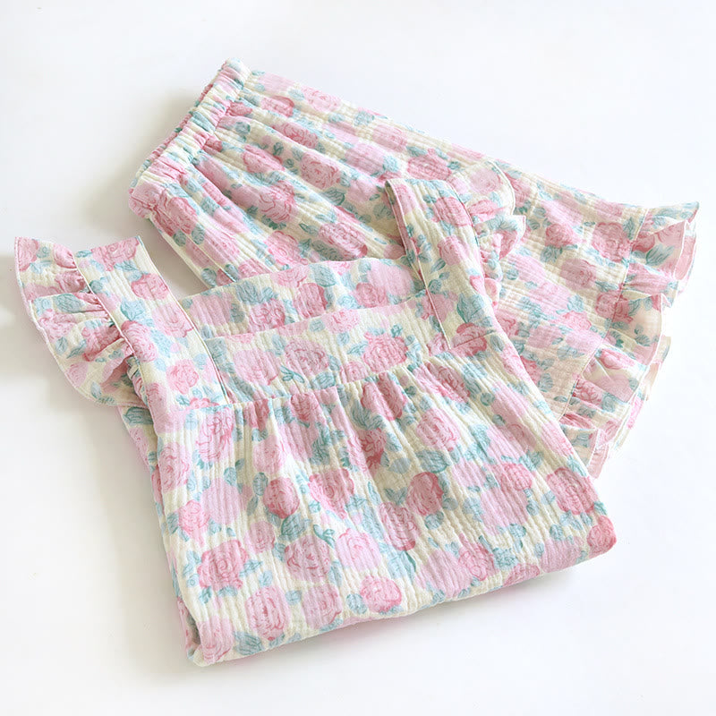 Pyjama romantique sans manches en gaze de coton à motif floral - image 1