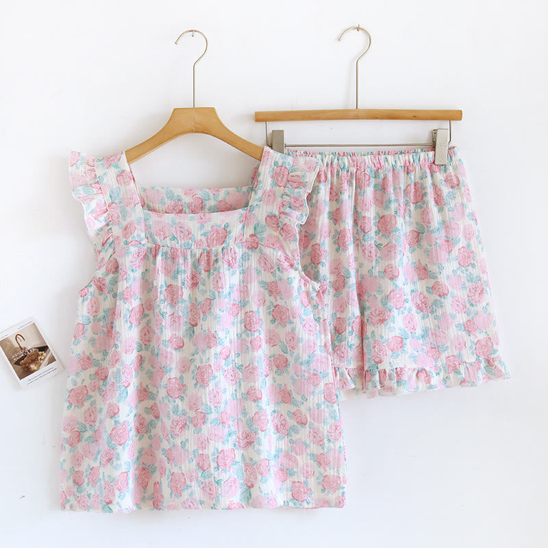 Pyjama romantique sans manches en gaze de coton à motif floral - Rose - L - image 0