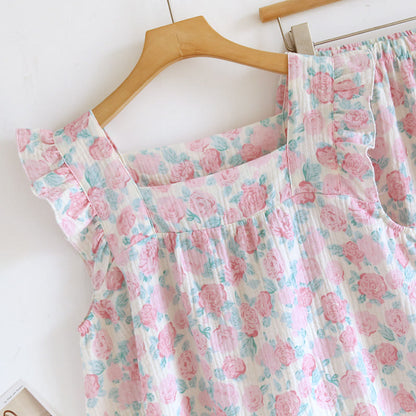 Pyjama romantique sans manches en gaze de coton à motif floral - image 2