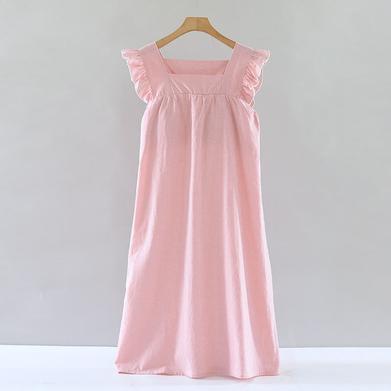 Chemise de nuit en coton à carreaux vichy et manches flottantes - Rose - XL - image 0