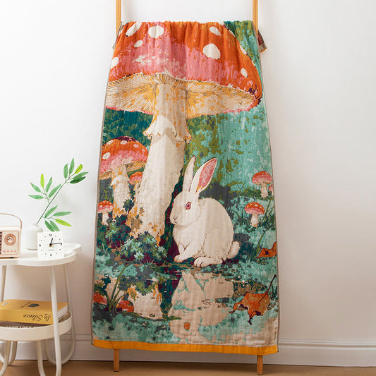 Serviette de bain en gaze de coton à motifs de champignons et de lapins - Multicolore - 80 cm x 160 cm - image 0