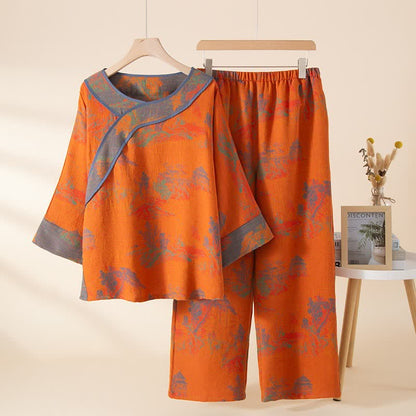 Ensemble pyjama vintage en coton à motif paysage orange - Orange - Taille unique - image 0