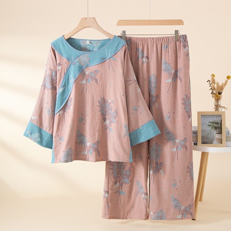 Ensemble pyjama rose en pur coton à motifs botaniques - Rose - Taille unique - image 0