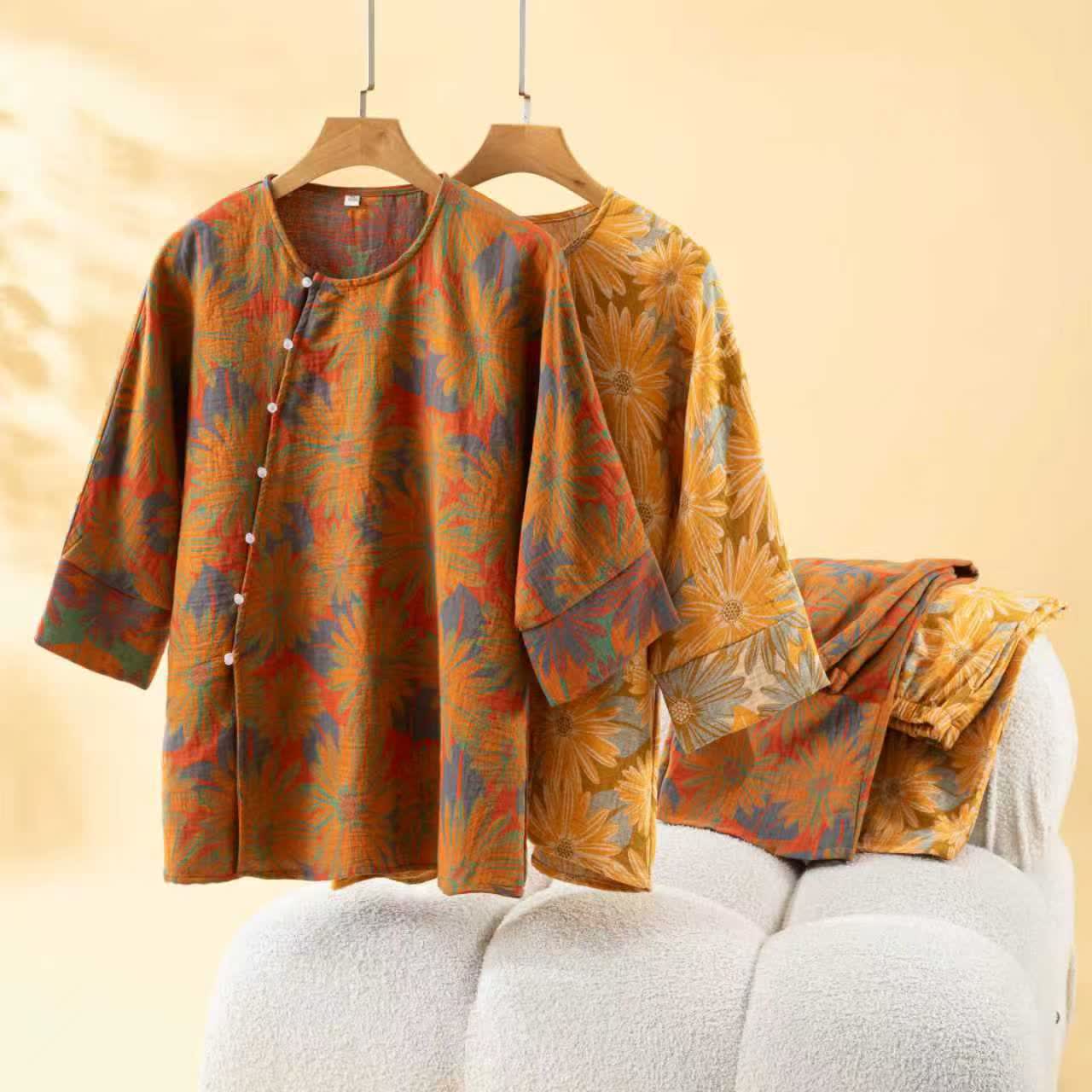 Ensemble pyjama rétro à motif tournesol en pur coton - image 0
