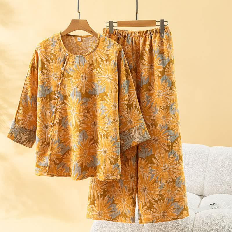 Ensemble pyjama rétro à motif tournesol en pur coton - Jaune - Taille unique - image 5