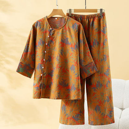 Ensemble pyjama rétro à motif tournesol en pur coton - Orange - Taille unique - image 7