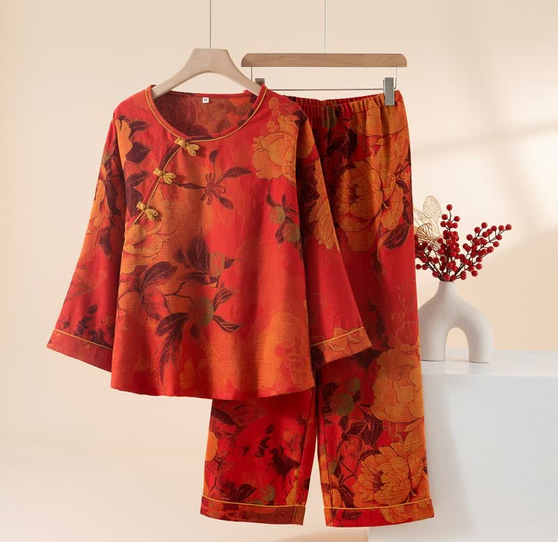 Ensemble de pyjama luxueux en pur coton à motif pivoine - Rouge - XL - image 0