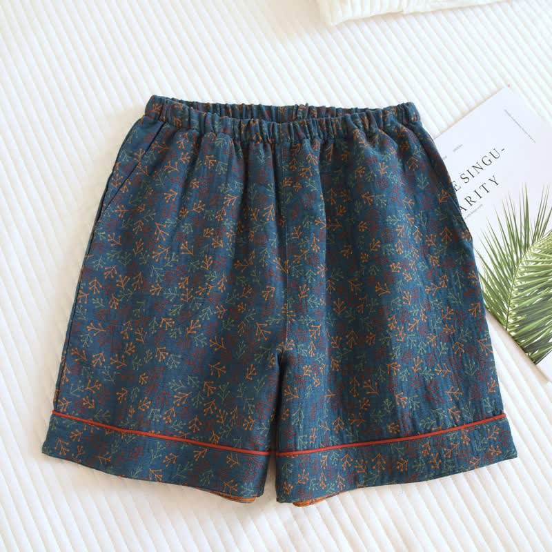 Short de pyjama en gaze de coton, inspiré des branches - Bleu - 2 pièces - XL - image 0