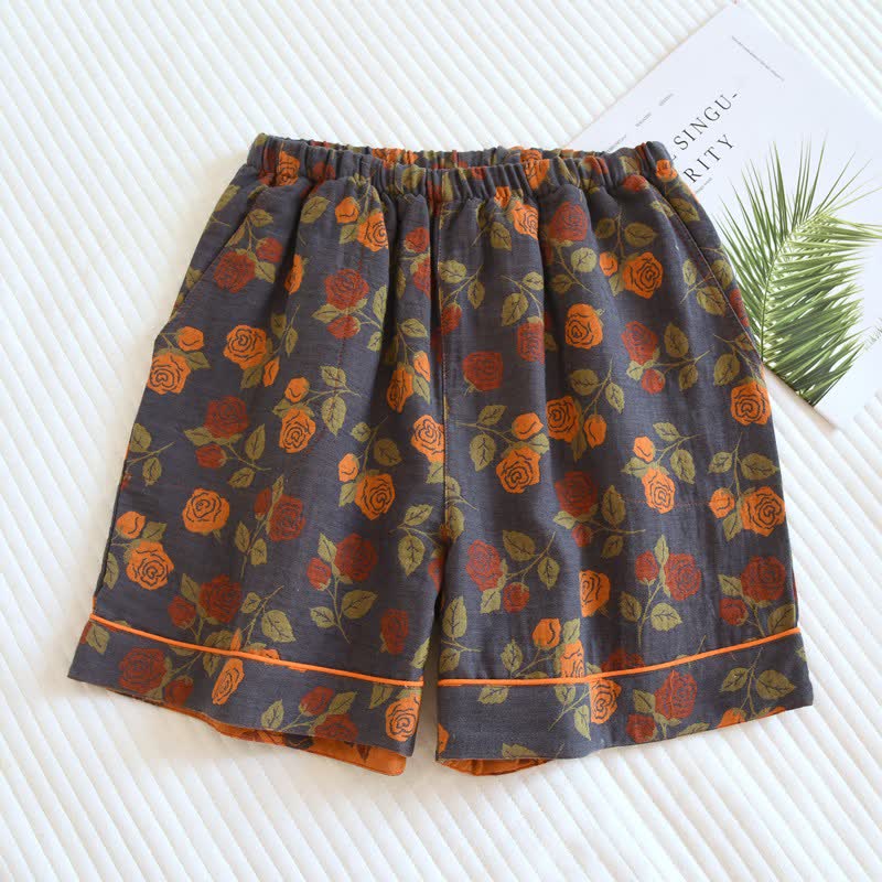 Short de pyjama en gaze de coton à motif de roses champêtres - Gris - 2 pièces - XL - image 0