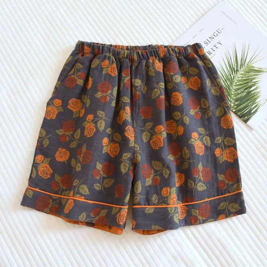 Short de pyjama en gaze de coton à motif de roses champêtres - Gris - 2 pièces - XL - image 0