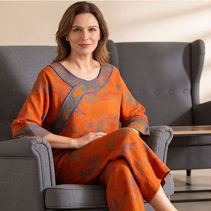 Ensemble pyjama vintage en coton à motif paysage orange - image 1