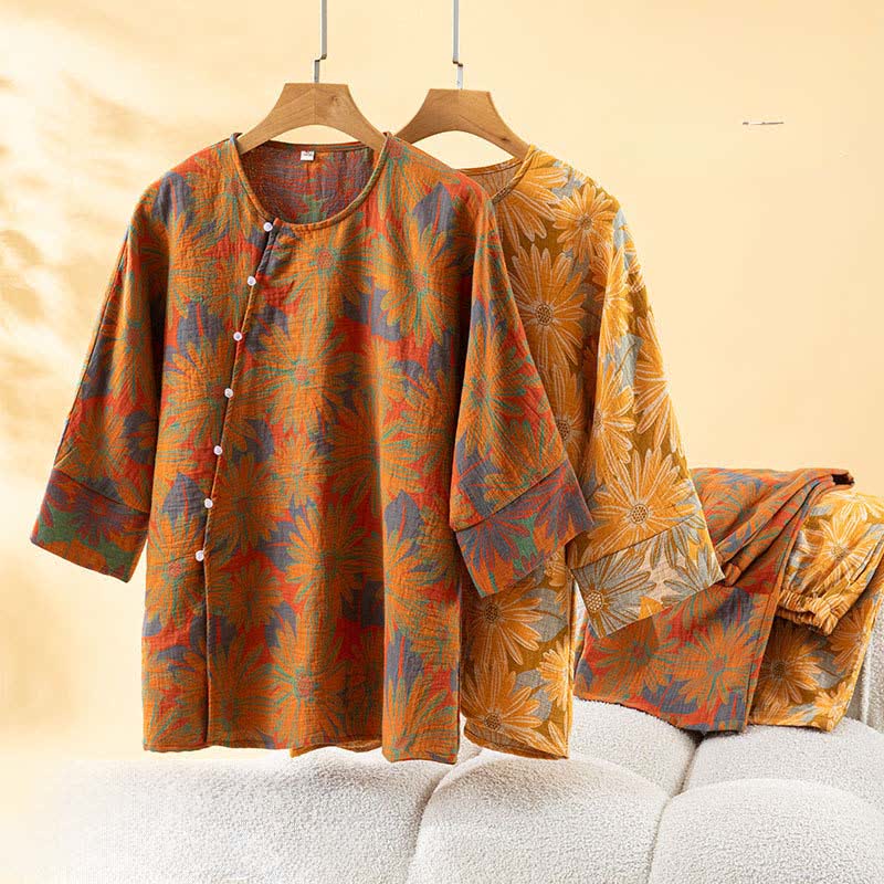 Ensemble pyjama rétro à motif tournesol en pur coton - image 3