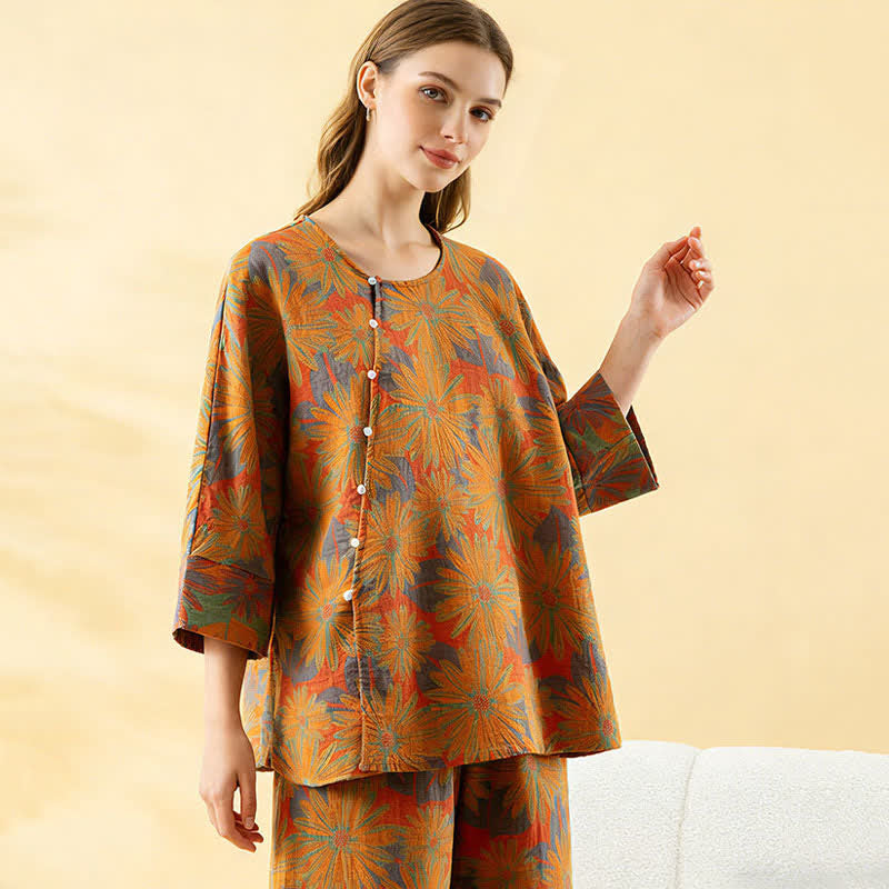 Ensemble pyjama rétro à motif tournesol en pur coton - image 8