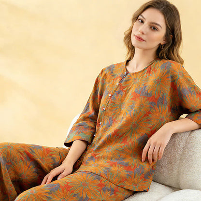 Ensemble pyjama rétro à motif tournesol en pur coton - image 9