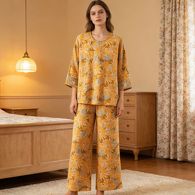 Ensemble pyjama rétro à motif tournesol en pur coton - image 1