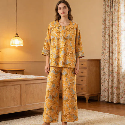 Ensemble pyjama rétro à motif tournesol en pur coton - image 1