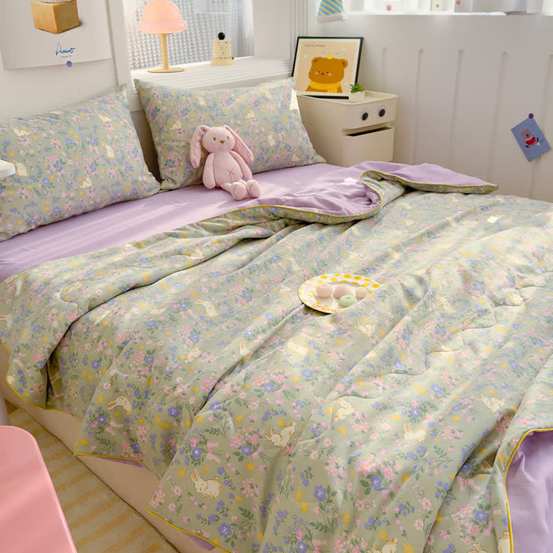 Couverture en coton avec lapin et fleurs de conte de fées - Vert et violet - 200 cm x 230 cm - image 0