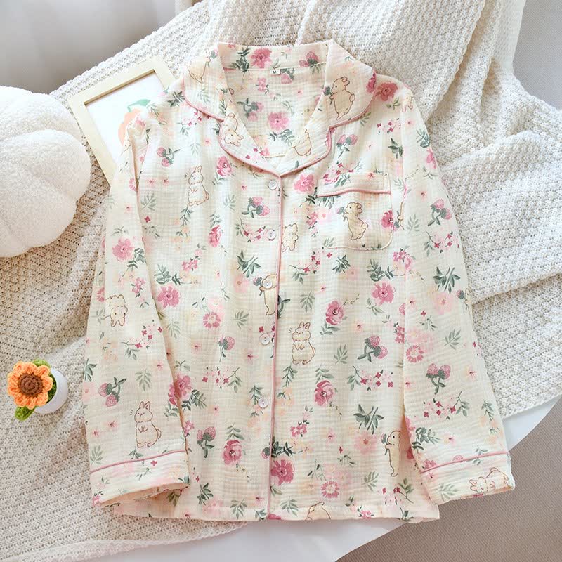 Haut de pyjama en gaze de coton à motifs floraux et de lapins - Beige - XL - image 0