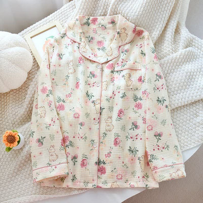 Haut de pyjama en gaze de coton à motifs floraux et de lapins - Beige - XL - image 0