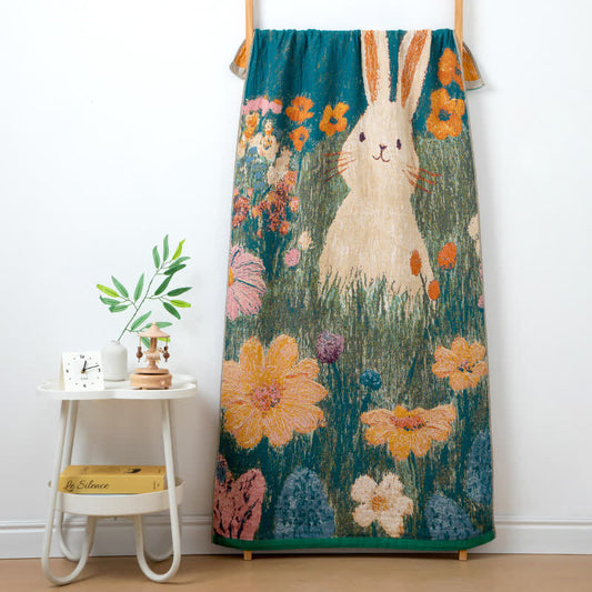 Serviette de bain féerique en gaze de coton à motif de lapin et de fleurs - Multicolore - 80 cm x 160 cm - image 0
