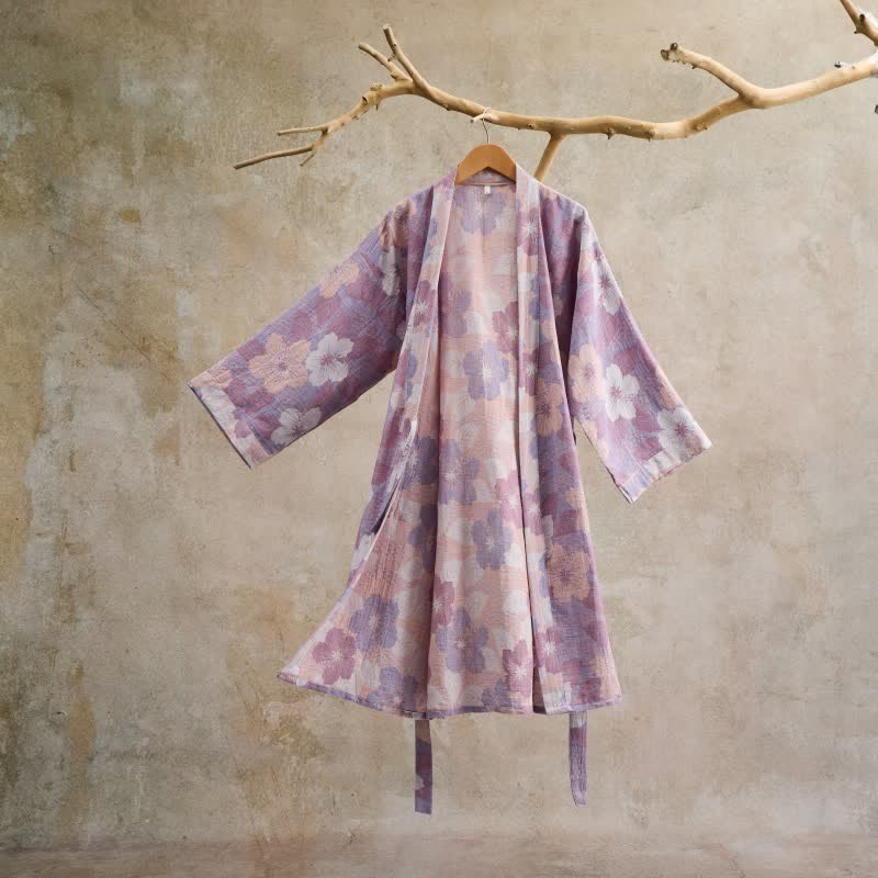 Peignoir de style kimono en gaze de coton à motif de fleurs de cerisier - Violet - L - image 9