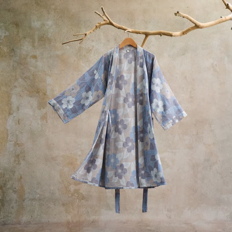 Peignoir de style kimono en gaze de coton à motif de fleurs de cerisier - Gris - L - image 0