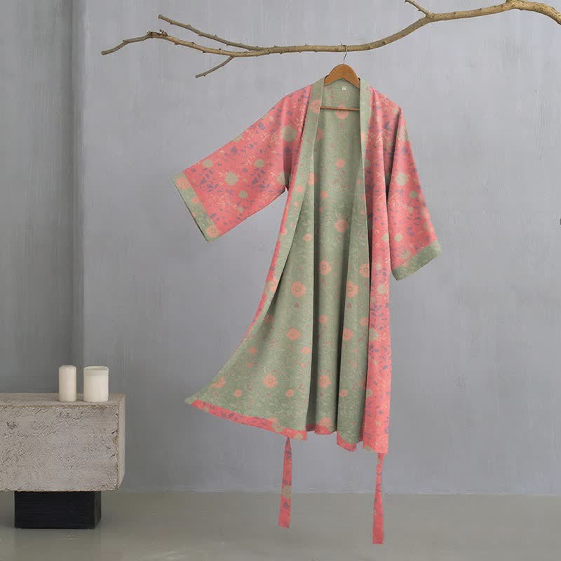 Peignoir de style kimono en coton double épaisseur à motif floral - Rose - XL - image 0