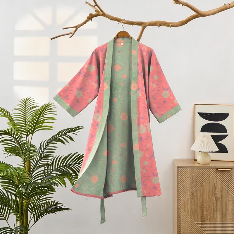 Peignoir de style kimono en coton double épaisseur à motif floral - image 1