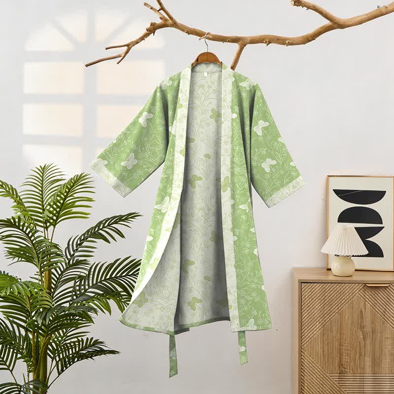 Peignoir de style kimono en coton double épaisseur à motif papillon vert - image 1
