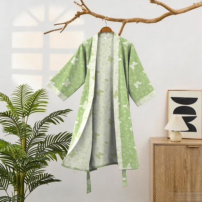 Peignoir de style kimono en coton double épaisseur à motif papillon vert - image 1