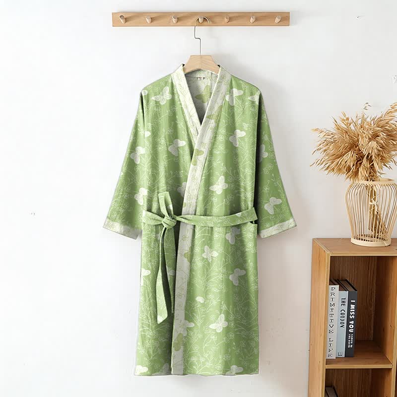 Peignoir de style kimono en coton double épaisseur à motif papillon vert - image 2