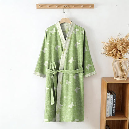 Peignoir de style kimono en coton double épaisseur à motif papillon vert - image 2