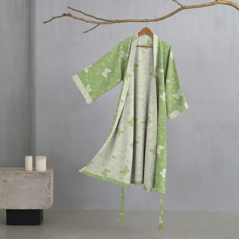 Peignoir de style kimono en coton double épaisseur à motif papillon vert - Vert - XL - image 0
