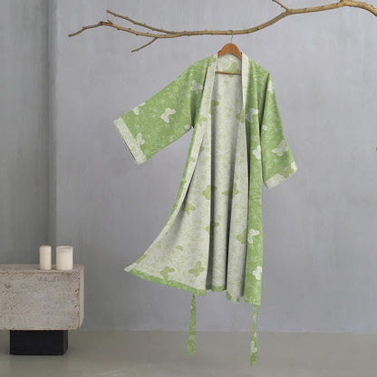 Peignoir de style kimono en coton double épaisseur à motif papillon vert - Vert - XL - image 0