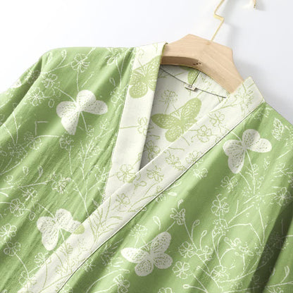 Peignoir de style kimono en coton double épaisseur à motif papillon vert - image 4