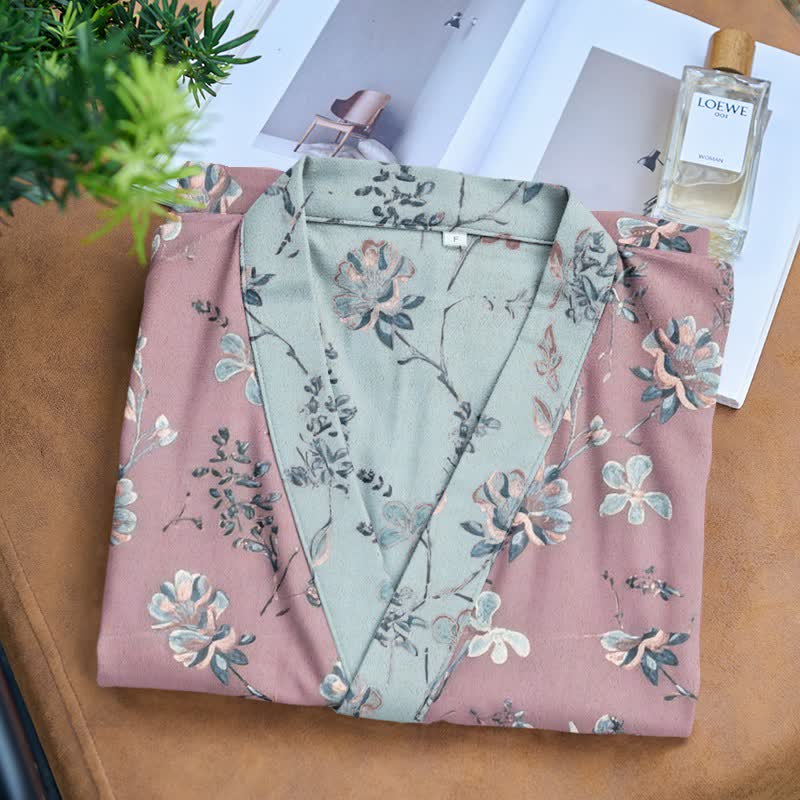 Peignoir de style kimono en coton double épaisseur à motif floral - image 3