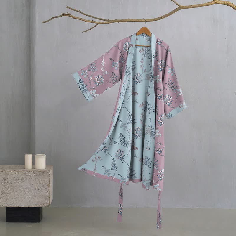 Peignoir de style kimono en coton double épaisseur à motif floral - Violet - XL - image 0