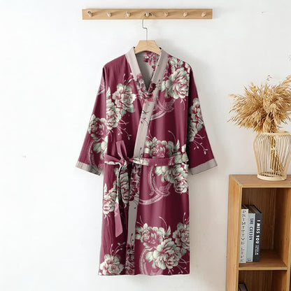 Peignoir kimono luxueux en gaze de coton double épaisseur à motif pivoine - image 2
