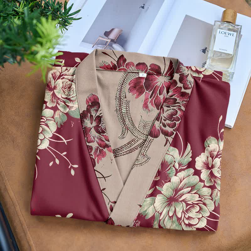 Peignoir kimono luxueux en gaze de coton double épaisseur à motif pivoine - image 4