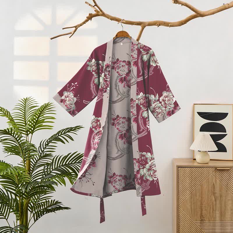 Peignoir kimono luxueux en gaze de coton double épaisseur à motif pivoine - image 1