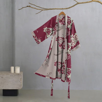 Peignoir kimono luxueux en gaze de coton double épaisseur à motif pivoine - Vin - XL - image 0