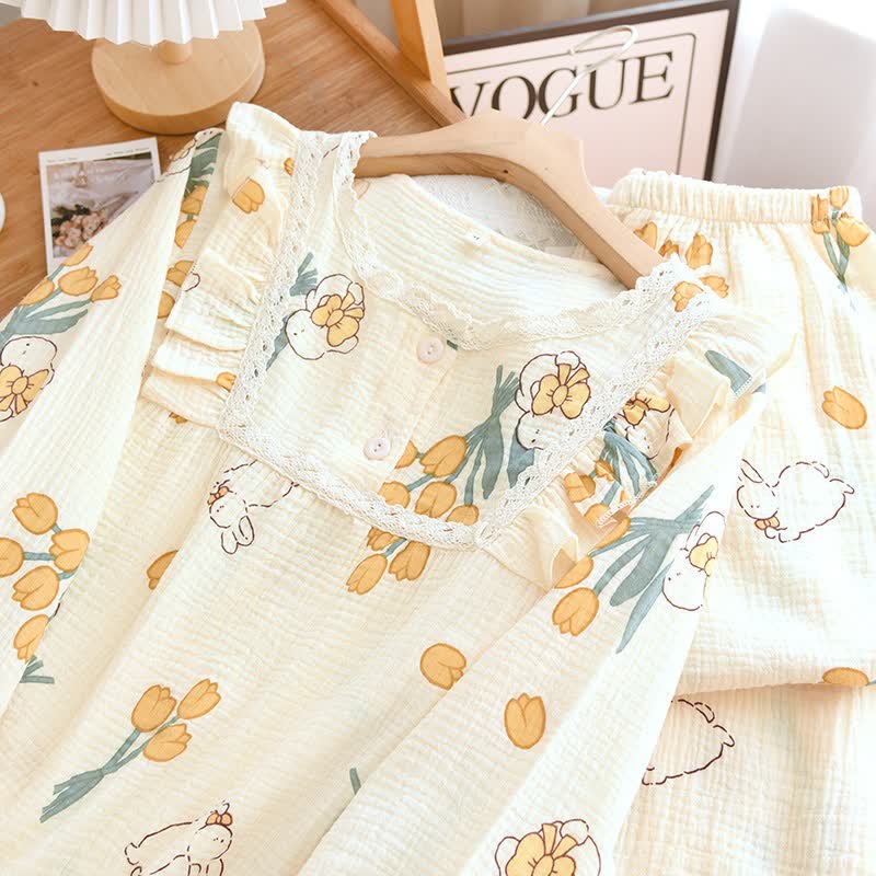 Ensemble pyjama tulipe et lapin en gaze de coton - image 3