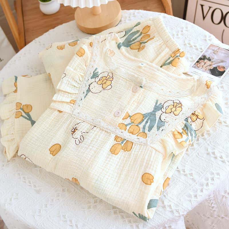 Ensemble pyjama tulipe et lapin en gaze de coton - image 1