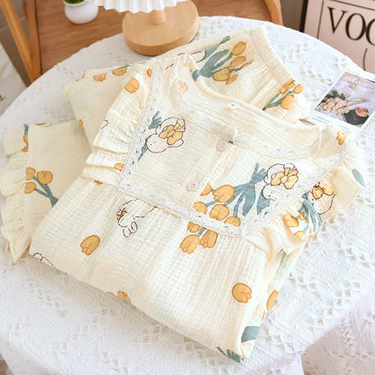 Ensemble pyjama tulipe et lapin en gaze de coton - image 1