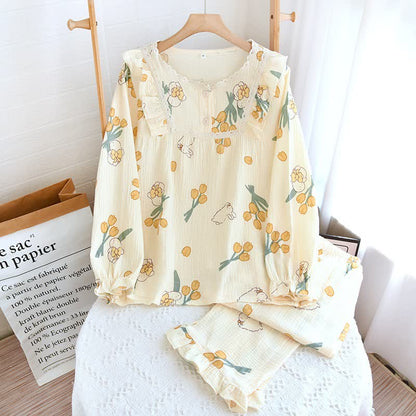 Ensemble pyjama tulipe et lapin en gaze de coton - abricot - Encolure ronde en dentelle - XL - image 0