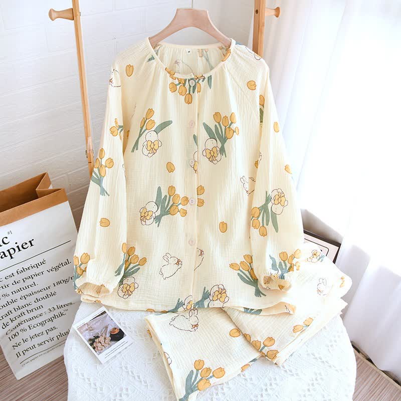 Ensemble pyjama tulipe et lapin en gaze de coton - abricot - col rond - XL - image 9