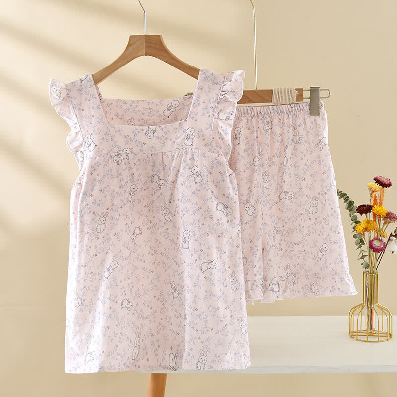 Pyjama sans manches en gaze de coton à motif de lapin aux couleurs pastel - Rose - XL - image 0